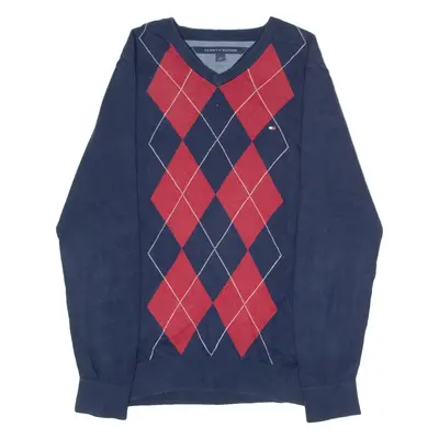TOMMY HILFIGER Mens Jumper Blue Argyle V-Neck Tight Knit M