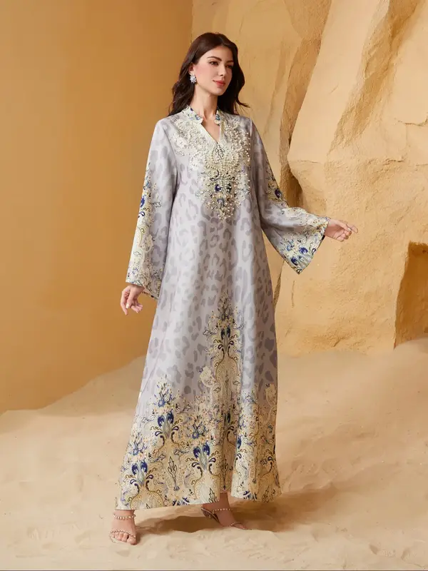 Women's Embroidery Beads Decor Jalabiya Dress, Modest Long Sleeve  Arabic Clothing, Ladies Islamic Clothing for All Seasons