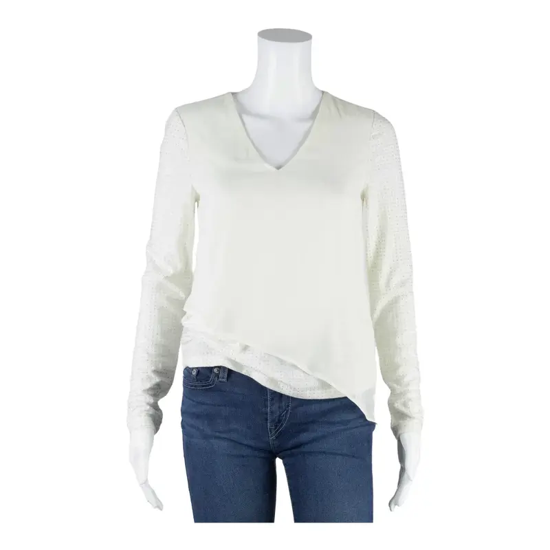 ARMANI Top White V-Neck Spotted Long Sleeve Womens S