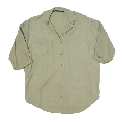 ZARA Khaki V-Neck Plain Shirt Green Short Sleeve Womens XS