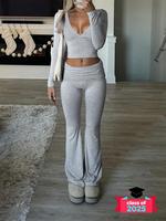 Women's Solid Deep V Neck Long Sleeve Crop Top & Ruched Flare Leg Pants, Chic Casual Fashion Style Cozy Long Sleeve Top & Bel...