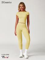 Women's Solid Crop Tee & Leggings Set, Casual Sporty Breathable Comfortable Two-piece Outfits for Yoga Gym Workout Running, L...