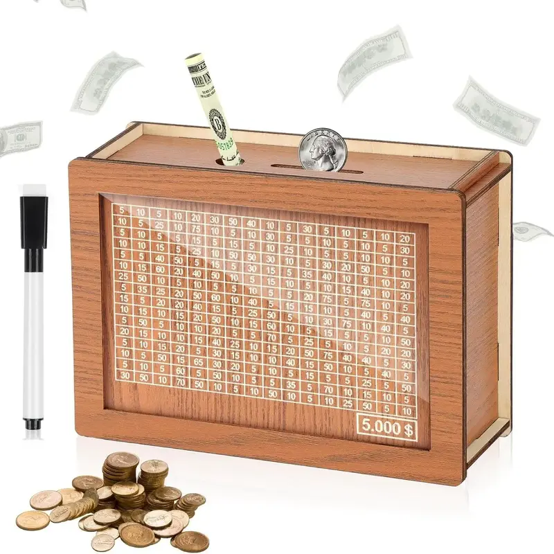 Wooden Money Box with Counter, 1 Count Money Saving Box with Pen, Money Saving Jar, Piggy Bank for Adults & Kids, Teen Girl G...