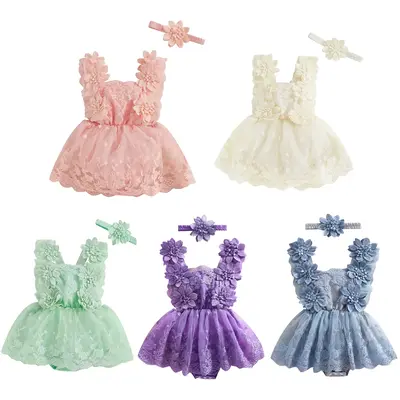 Newborn Baby Girls Romper Dress Fly Sleeve Lace Butterfly Mesh Tulle Dresses Jumpsuit Cute Headband 2Pcs Summer Sets