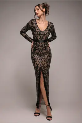 Goddiva Tassel & Sequin Midaxi With Front Split - Black