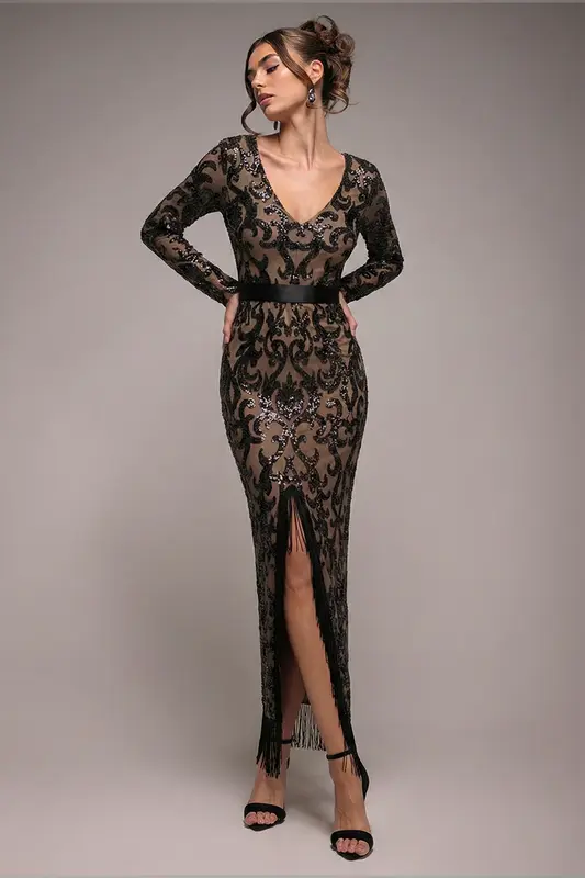 Goddiva Tassel & Sequin Midaxi With Front Split - Black