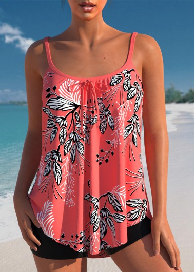 Modlily Bowknot Leaf Print Coral Red Tankini Top - XXL