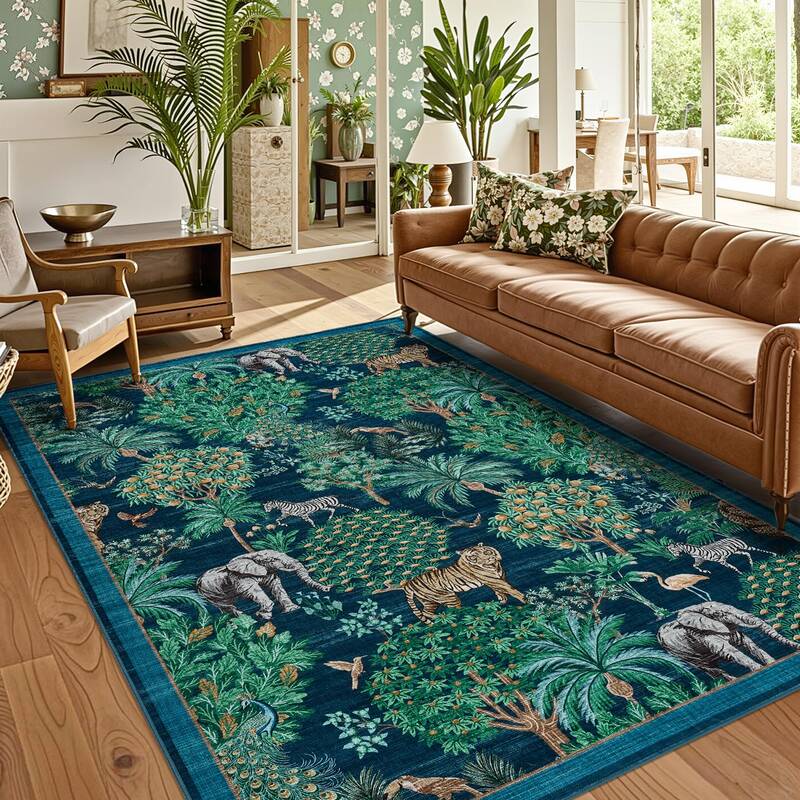 Garvee Jungle Animal Print Rug 5x7 Washable Non-Slip Faux Wool Low Pile Stain Resistant for Living Room Bedroom Nursery