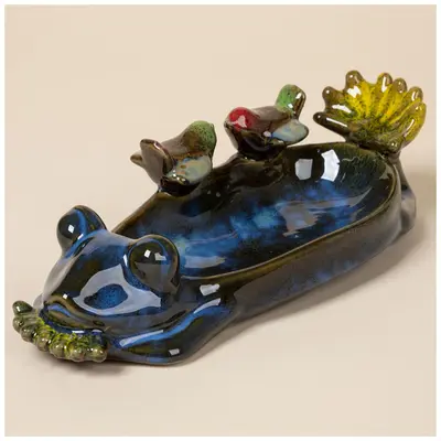 Ceramic Frog Bird Bath & Bird Feeder - Blue