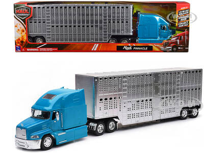 Mack Pinnacle Truck with Pot Belly Livestock Trailer Blue and Chrome \