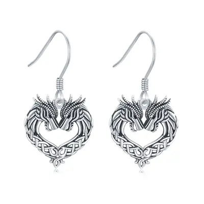 Sterling Silver Dragon & Heart Drop Earrings