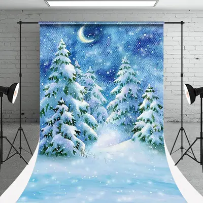 Pine Tree Snowy Moon Winter Photo Sweep Backdrop - Aperturee