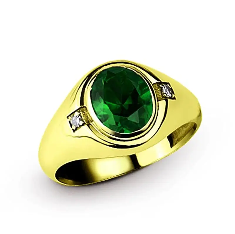 10K Gold Oval Cut Emerald & 2 Diamond Accents Wedding Band for Men