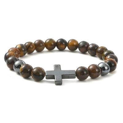 Natural Tiger Eye & Synthetic Hematite Corss Beaded Stretch Bracelets