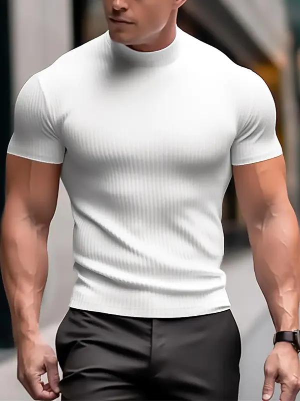 Men's Slim Plain High Neck Tee, Casual Short Sleeve Pull Over T-shirt for Summer, Women's Knitting Top for Daily Wear