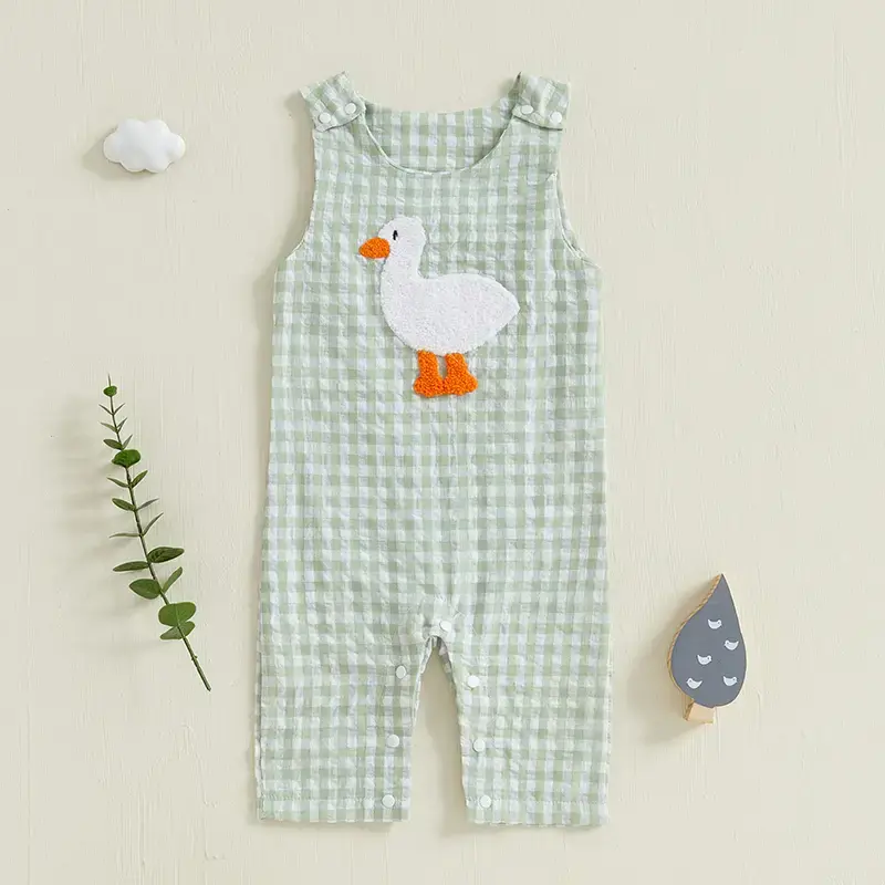 Baby Boys Jumpsuit, Sleeveless Crew Neck Plaid Embroidery Duck Summer Romper Clothes for Casual Daily