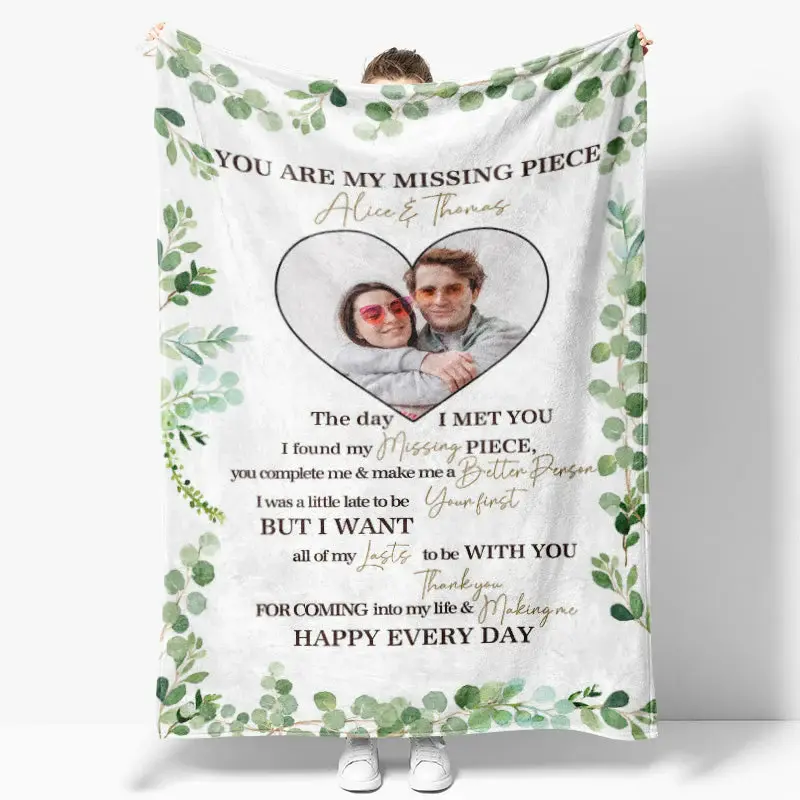 Custom Photo Green Plant Letter Valentines Blanket - Aperturee