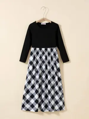 Girl's Plaid Patchwork Print Long Sleeve A Line Dress, Casual Round Neck Dress for Fall & Winter, Kids Clothes for Daily Wear