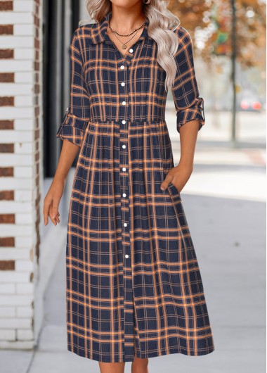 Modlily Navy Button Plaid Long Sleeve Shirt Collar Dress - L