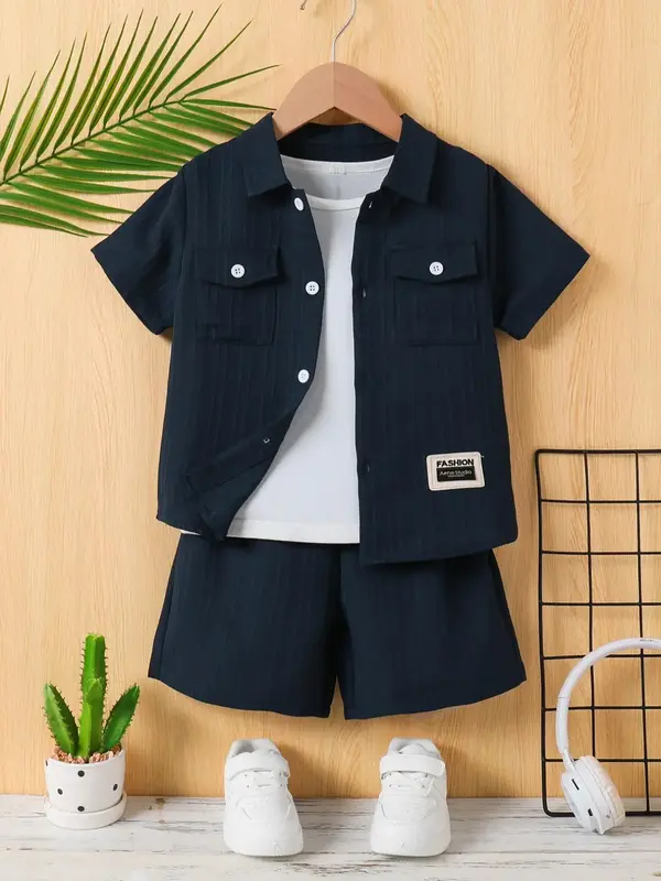 Toddler Boy's Textured Letter Patched Button Front Shirt & Elastic Waist Shorts Set without Tee, Casual Short Sleeve Flap Poc...