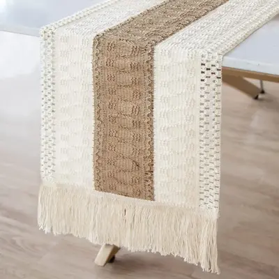 Natural Burlap Boho Table Runner 72 x 12 Macrame Table Runner Farmhouse Style Modern Farmhouse Decor Rustic Woven Cotton ...