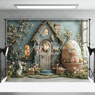 Aperturee Green House Floral Eggs Bunny Easter Photo Backdrop, 3X2FT(1MX0.6M), 14 USD, easter backdrops, ENHD3J04-M