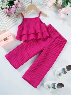 Toddler Girl's Textured Ruffle Layered Crop Cami Top & Elastic Waist Pants Set, Solid Sleeveless Spaghetti Strap Camisole & S...