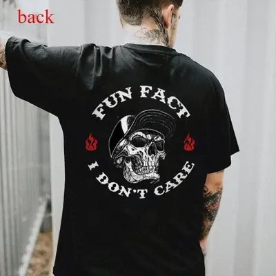 Men's Streetwear Essential – FUN FACT I DON'T CARE Skull Print   T-Shirt