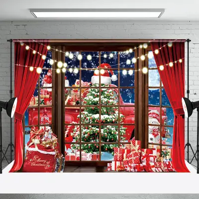 Aperturee Red Truck Tree Gift Boxes Window Christmas Backdrop - Aperturee