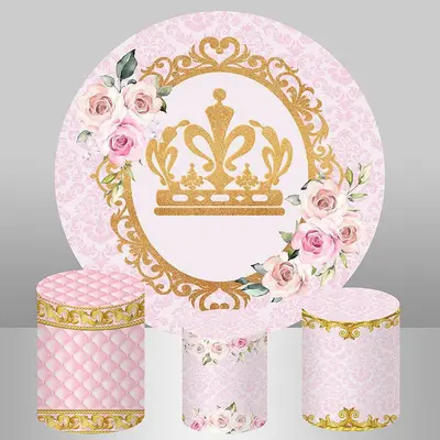 Aperturee Floral Pink Glitter Gold Themed Round Birthday Backdrop | Round Backdrop Stand Covers | Round Party Backdrop | Circ...