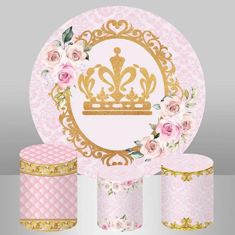 Aperturee Floral Pink Glitter Gold Themed Round Birthday Backdrop | Round Backdrop Stand Covers | Round Party Backdrop | Circ...