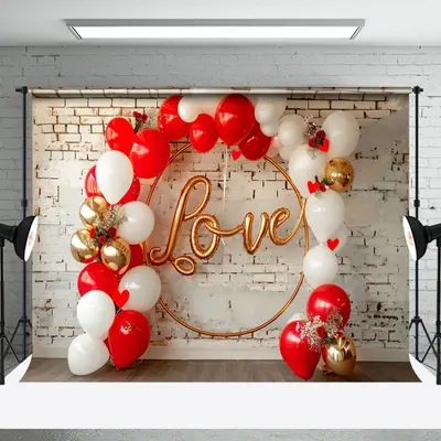 Love Balloon Arch Brick Wall Valentines Day Backdrop