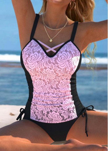 Modlily Lace Mid Waisted Light Pink Tankini Set - XL