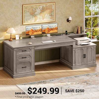 SEDETA 70.9 Inch Farmhouse Executive Desk Vintage Computer Desk Home Office with Drawers Storage Cabinet Desk Printer Stand P...