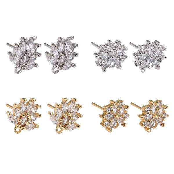 4 Pairs 2 Style Brass Mirco Pave Clear Cubic Zirconia Stud Earring Findings