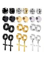 Men's Punk Style Magnetic Earrings, Exquisite Trendy Rhinestones Decor Ear Cuffs, Fashionable Cross Design Stainless Steel Je...