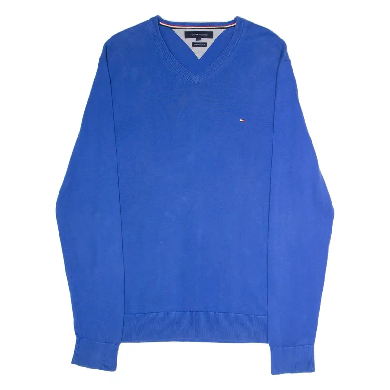 TOMMY HILFIGER Mens Jumper Blue V-Neck Tight Knit L