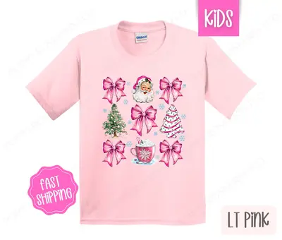 Kids Christmas Shirt - Pink Coquette Santa Children's Tshirt - Youth Holiday Tee Gildan