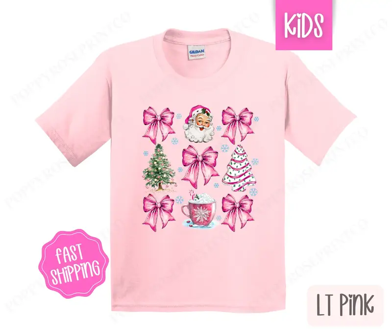 Kids Christmas Shirt - Pink Coquette Santa Children's Tshirt - Youth Holiday Tee Gildan