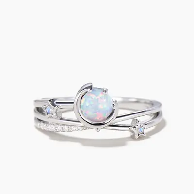 Round Cut White Opal Moon Star Engagement Ring Twisted Diamond Ring