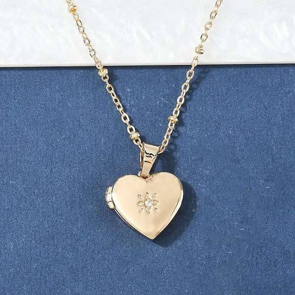 304 Stainless Steel Pave Clear Cubic Zirconia Heart Locket Pendant Necklaces for Women