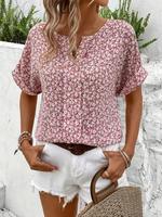 Plus Size Ditsy Floral Print Batwing Sleeve Blouse, Casual Bohemian Notched Neck Short Sleeve Top, Women's Clothes for Daily...