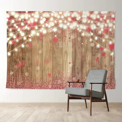 Aperturee Lighting Pink Heart Wooden Valentines Day Backdrop