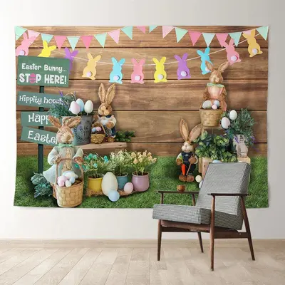 Aperturee Wooden Backyard Easter Bunny Stop Here Backdrop