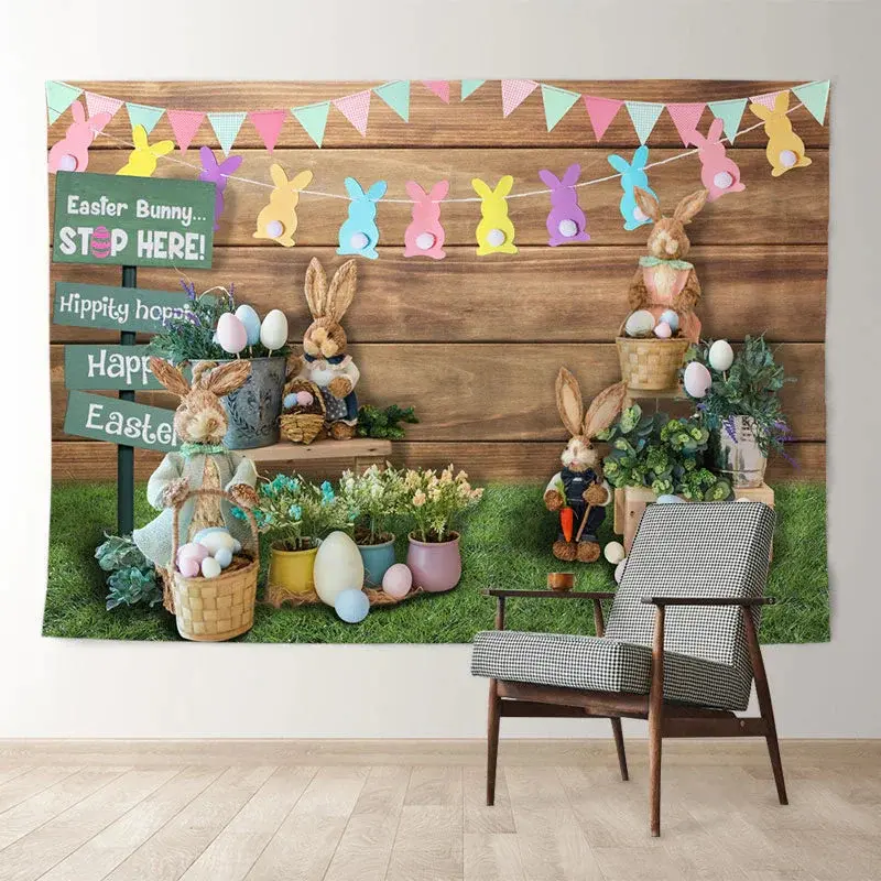 Aperturee Wooden Backyard Easter Bunny Stop Here Backdrop