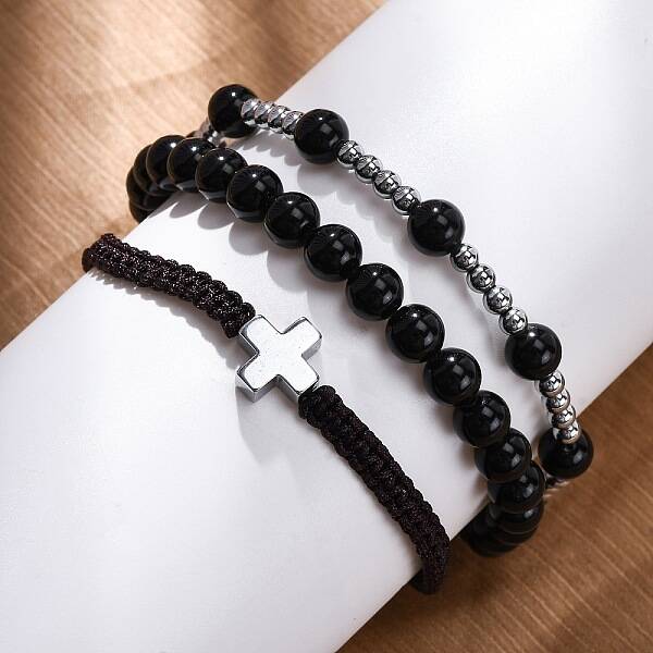 Adjustable Natural Obsidian & Hematite Braided Bead Bracelets