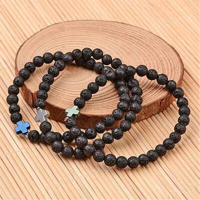 Cross Natural Lava Rock Beaded Stretch Bracelets