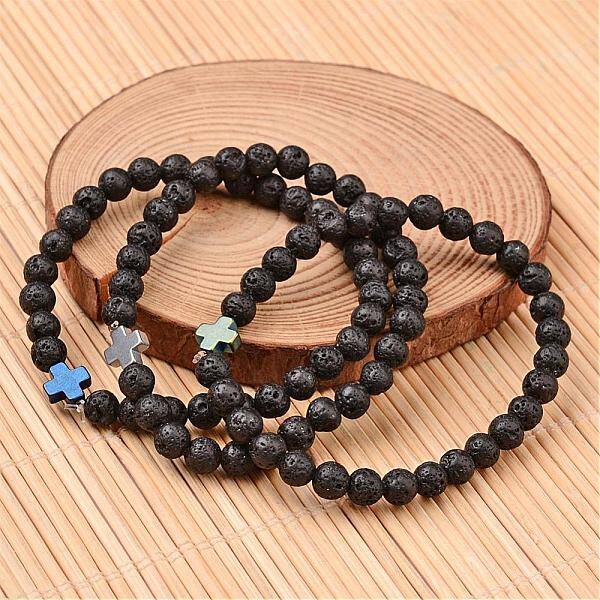 Cross Natural Lava Rock Beaded Stretch Bracelets