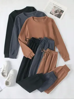 Women's Solid Color Long Sleeve Top & Tie Front Elastic Waist Pants Set, Casual Round Neck Top & Trousers for Spring & Fall, ...