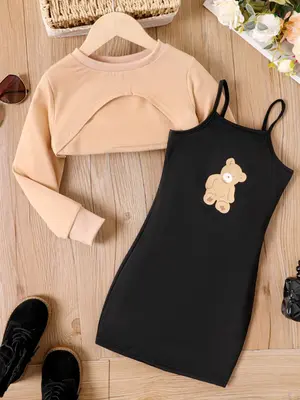Girl's Plain High Low Crop Sweatshirt & Cartoon Bear Print Cami Dress Set, Cute Round Neck Long Sleeve Pullover & Dress, Kids...
